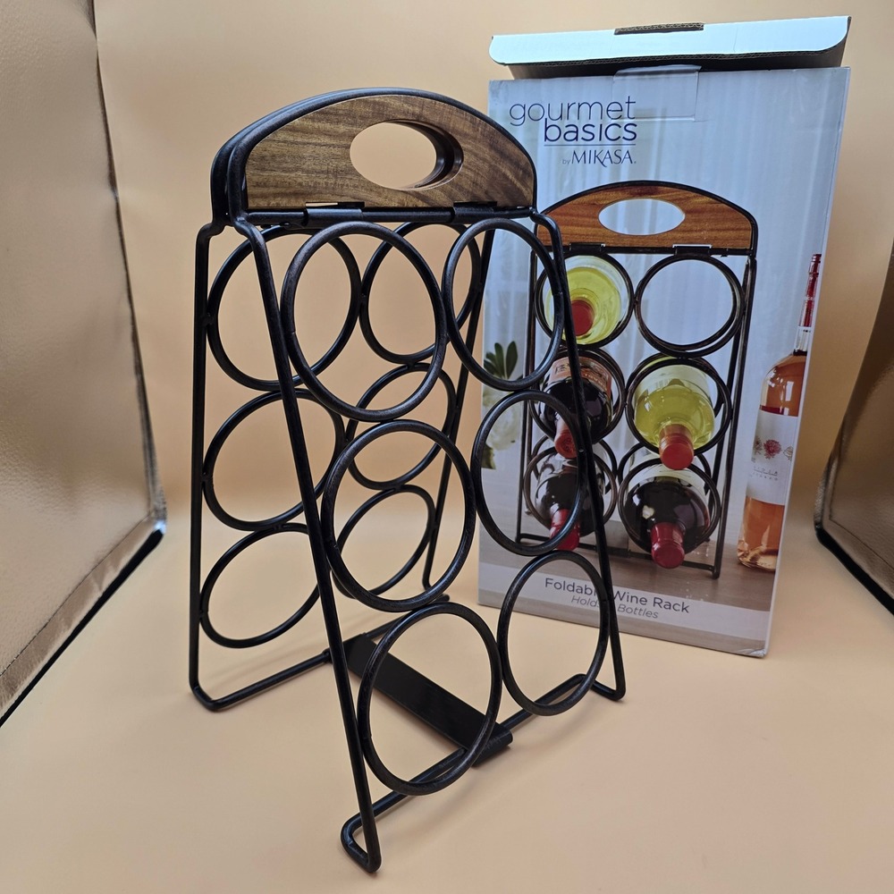 Mikasa Gourmet Basics Foldable Wine Rack 6 Bottle Antique Black Wire Acacia Wood